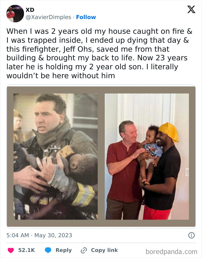 Firefighter Holding A 2-Year-Old Child Of The Man He Saved From A Fire, When The Man Was 2 Years Old