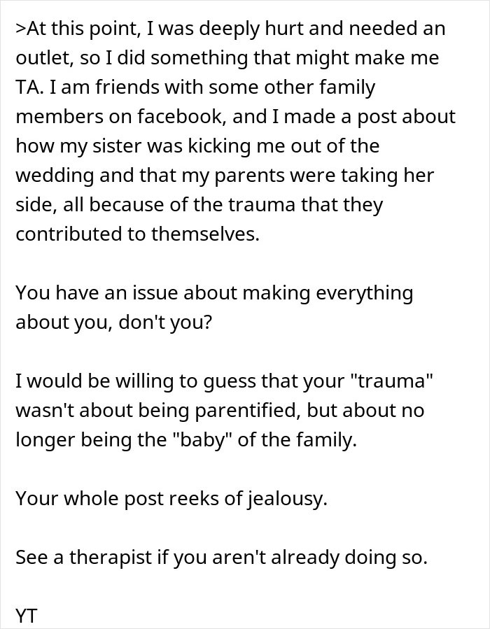 “AITA For Refusing To Go To My Sister's Wedding, Knowing It Means Our Family Won't Attend?”