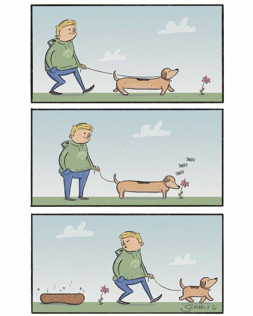 Dark humor comic by Scribbly G featuring a dachshund's unexpected encounter during a walk.