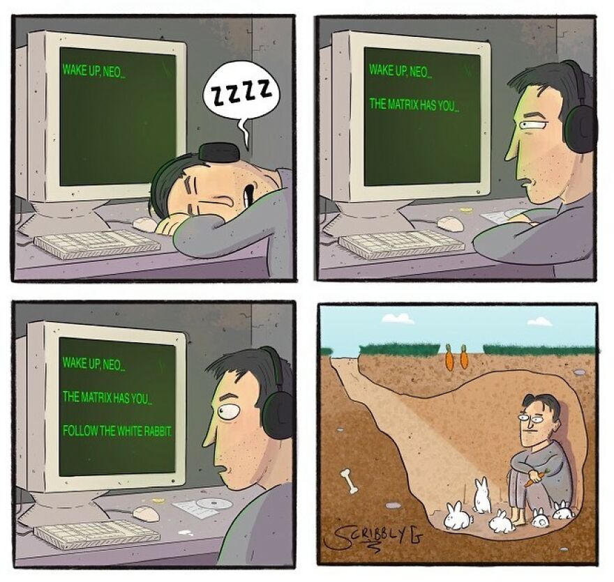 Comic strip with dark humor featuring a man following instructions from a computer into a rabbit hole.