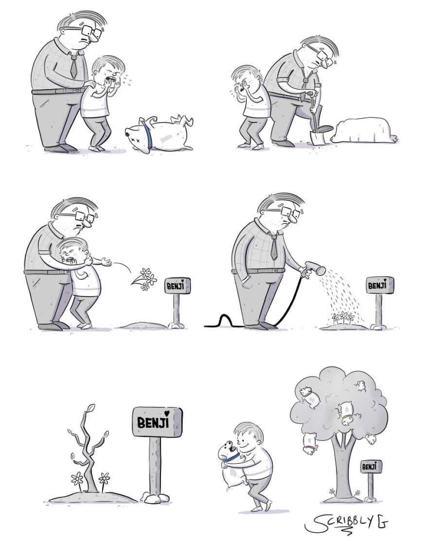 A comic strip by Scribbly G showing a humorous cycle of life, with dark humor elements involving a dog named Benji.