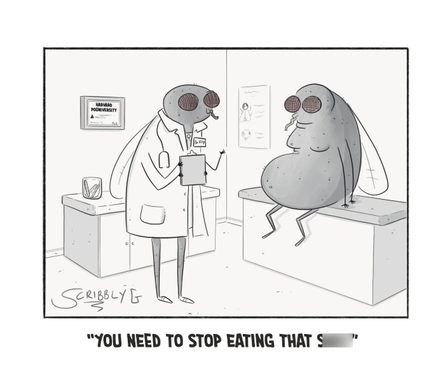 Cartoon flies in a doctor’s office, showcasing dark humor by Scribbly G.