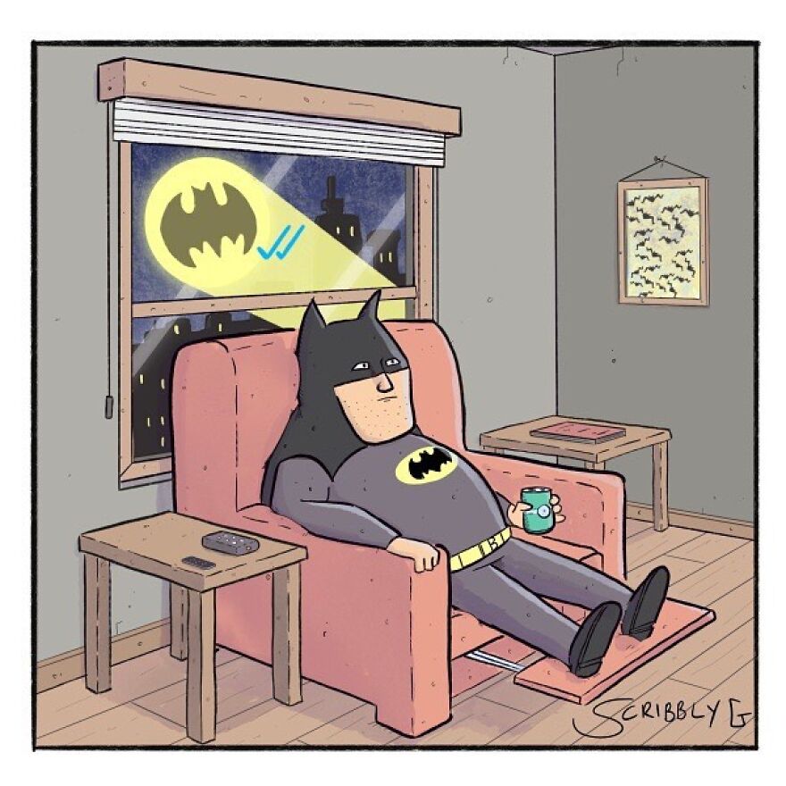 Comic illustration of a relaxed superhero with dark humor, sipping coffee in a chair while ignoring a signal in the night sky.