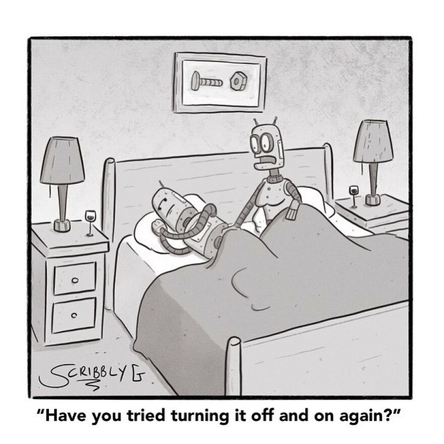 Robots with dark humor, one ill in bed while another suggests turning it off and on again.