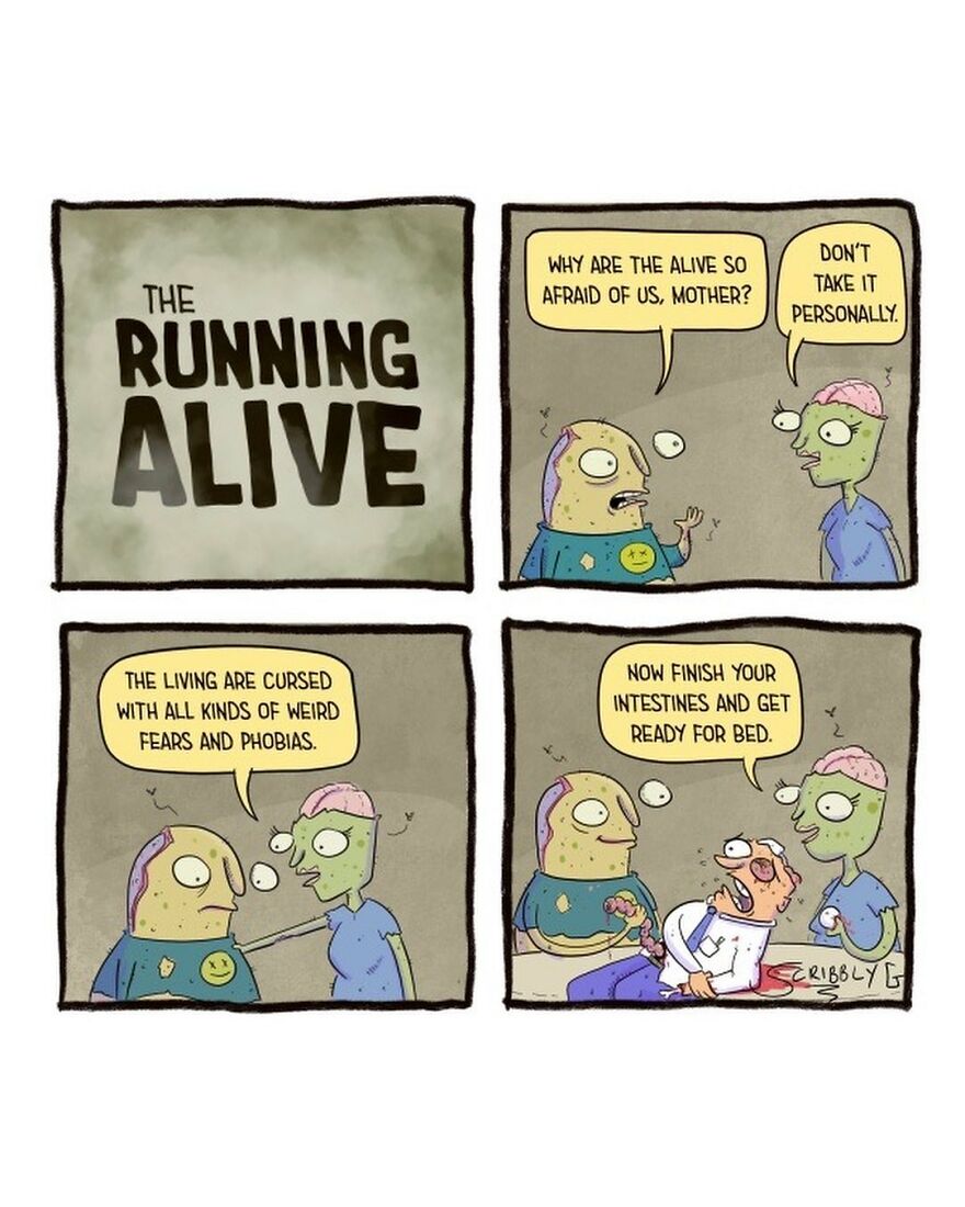 Dark humor comic by Scribbly G featuring zombies discussing human fears in a playful twist.