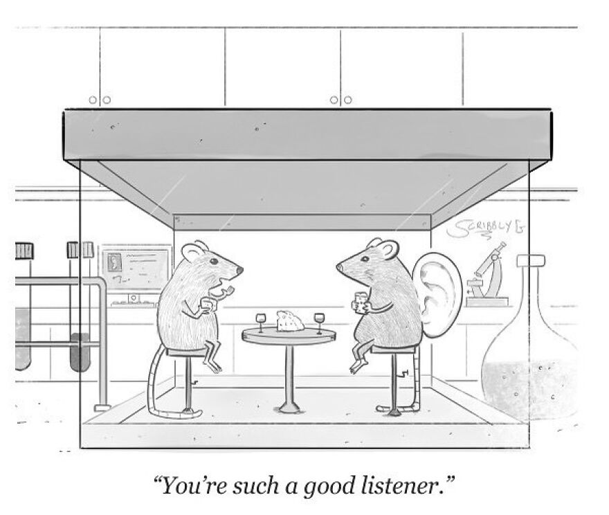 Two mice talking over cheese in a lab setting, with one having a large ear, showcasing dark humor by Scribbly G comics.