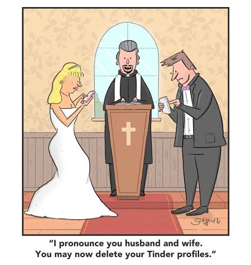 Bride and groom at the altar checking phones, embodying dark humor in a comic by Scribbly G.