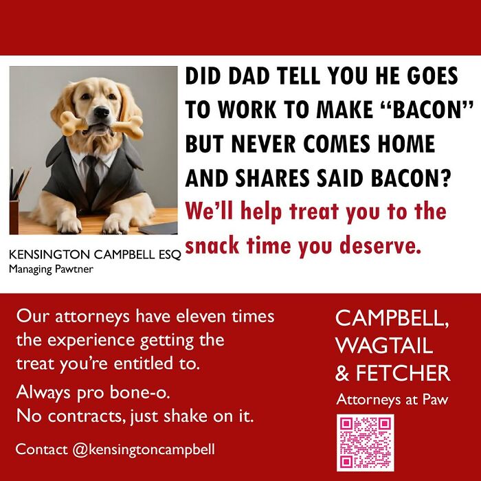 Dog dressed as attorney with bone in mouth in parody ad for dogs seeking attorney services by Kensington Campbell.