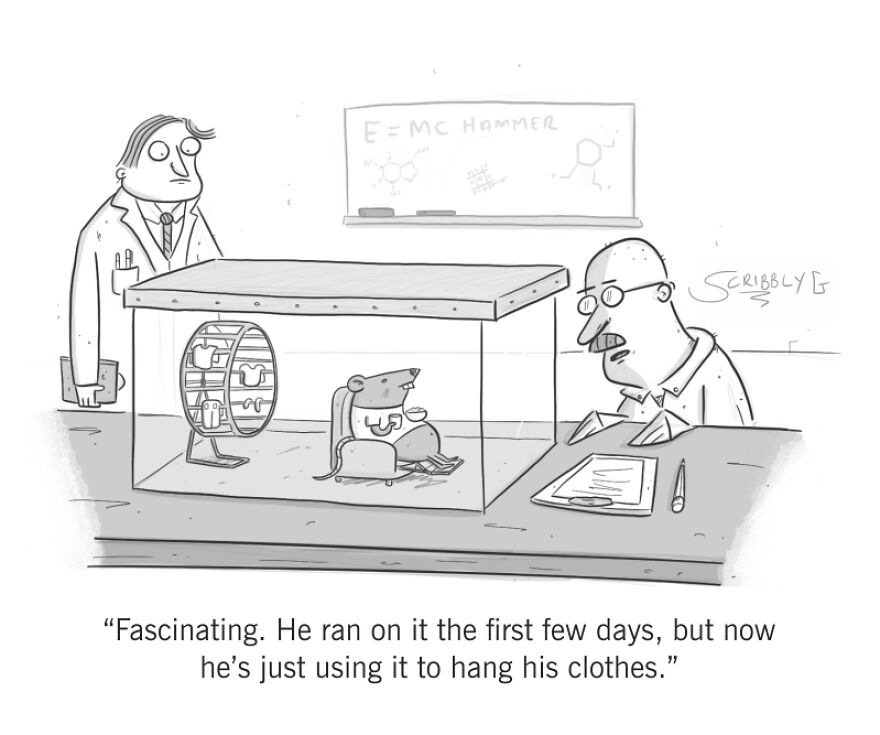 Comic with dark humor by Scribbly G showing a mouse using a wheel to hang clothes.