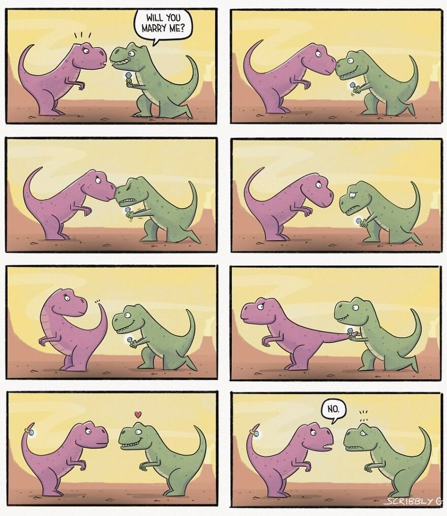 Dinosaurs in a dark humor comic by Scribbly G, featuring a marriage proposal with an unexpected twist.