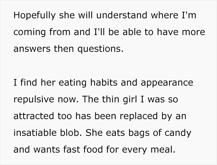 Man Debates Breaking Up: “The Thin Girl I Was Attracted To Was Replaced By An Insatiable Blob”