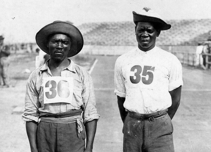 1st Black South African Olympians, Len Taunyane (Left) & Jan Mashiani (Right), Raced Barefoot In 1904 Olympics. Despite Challenges, Taunyane LED Until Chased By Wild Dogs, Finishing 9th & 12th