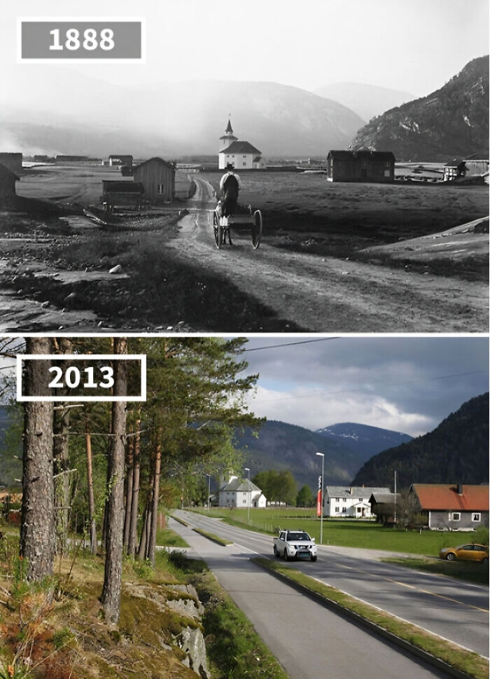Here's The Same Place In Both Photos In Rysstad, Norway