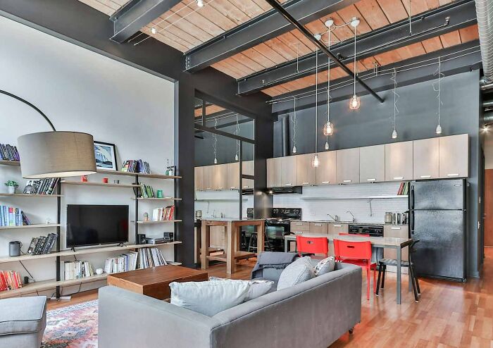 Contemporary Industrial Kitchen Space + Living Room