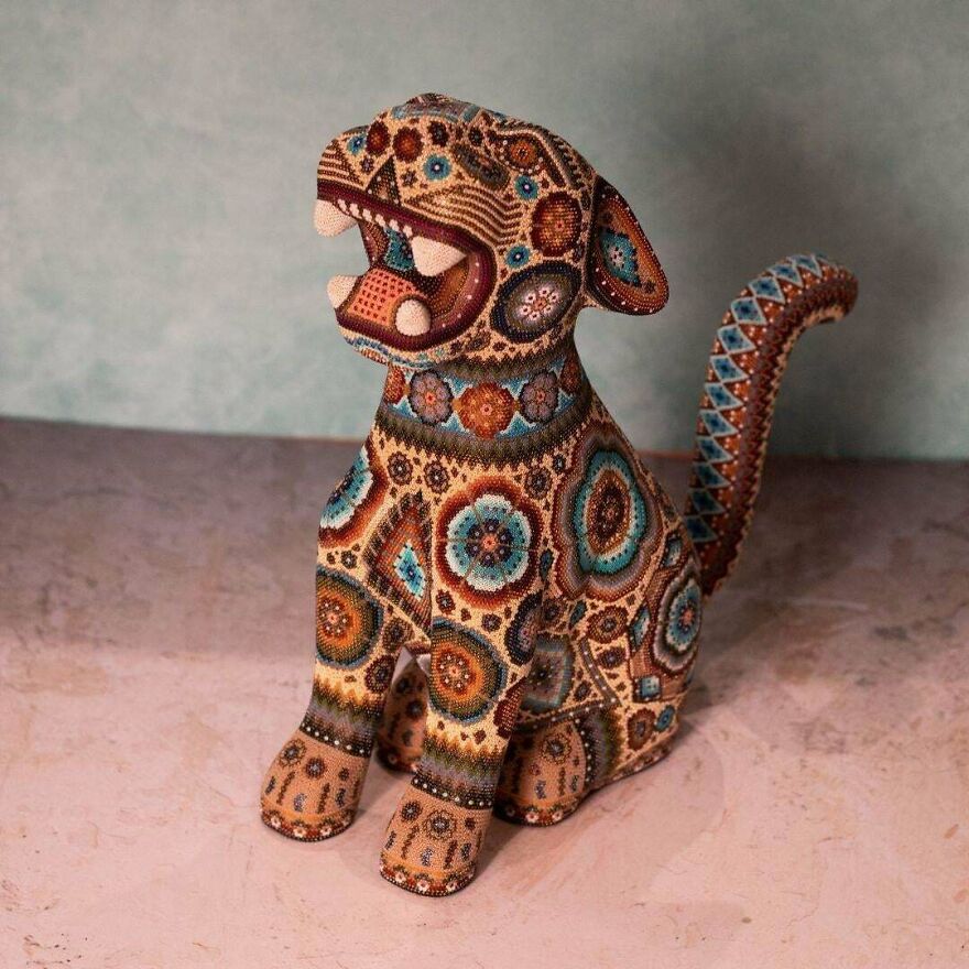 Little Jaguar Sculpture I Made! This Was Carved In Wood And Then Decorated With Thousands Of Crystal Beads, This Art Form Is Native To My Country, Called Huichol Art