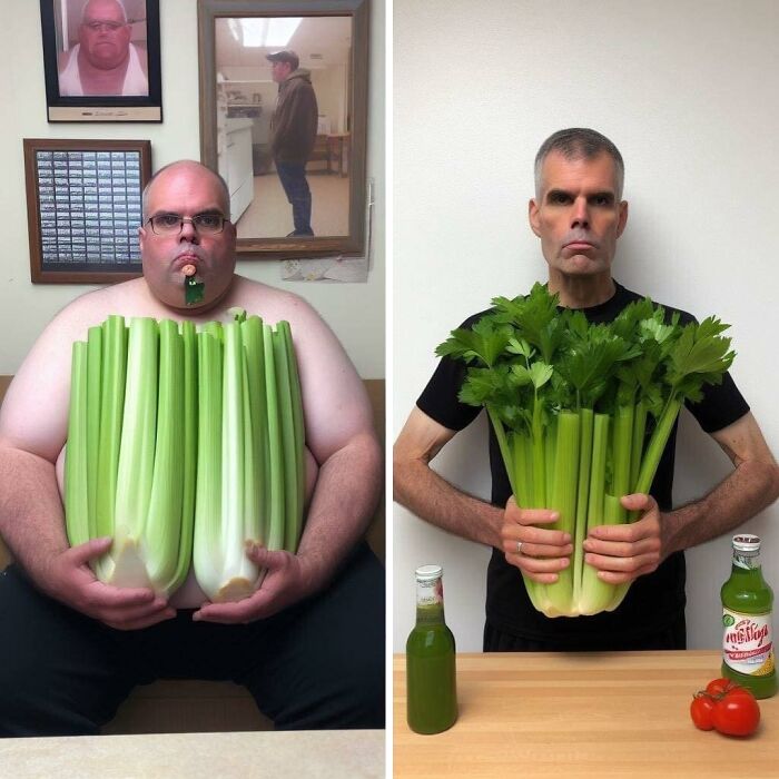 A Before And After Pic Of A Middle Aged Man Who Ate Nothing But Celery For One-Year Straight