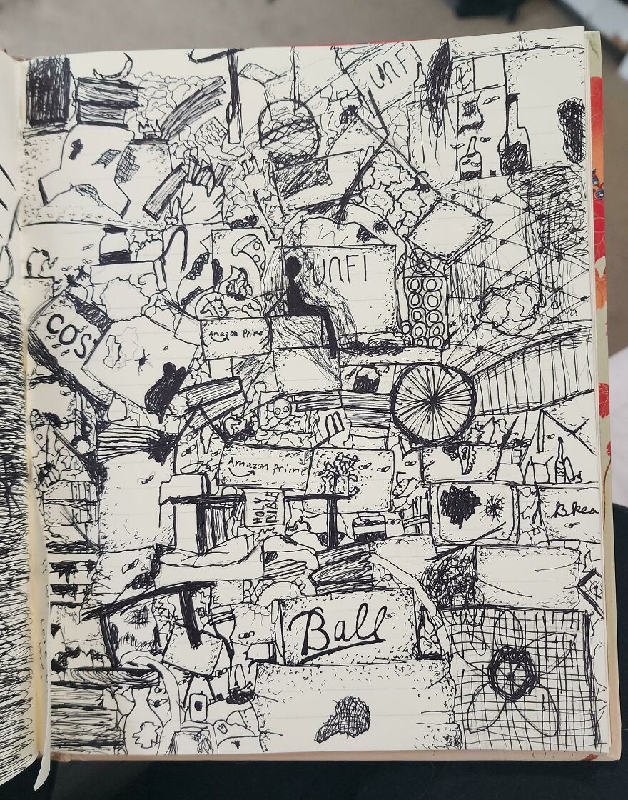 How It Feels To Be The Child Of A Hoarder. I Drew This With A Pen I Found On The Ground And A Pencil, I'm Very New So I Know It Isn't Amazing But I Had Fun Making It