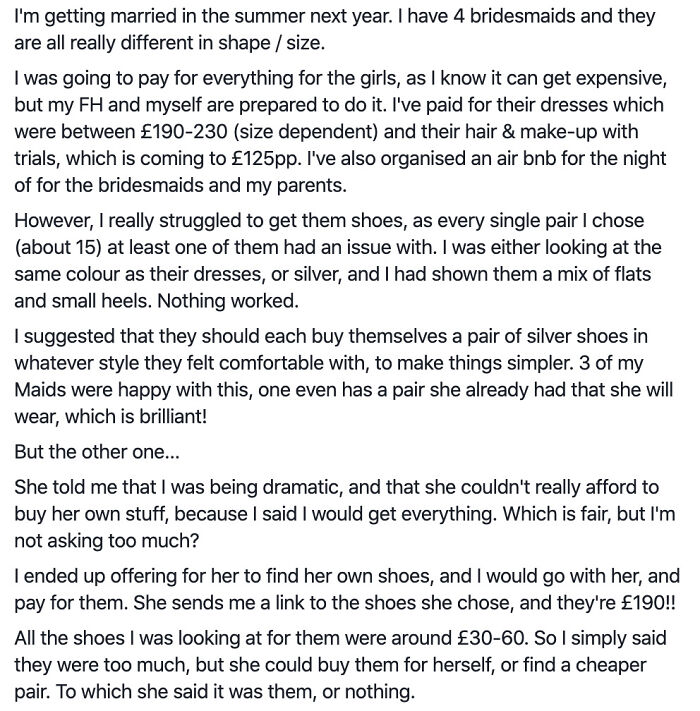 Bridesmaid Demands That The Bride Pay £190 For A Pair Of Shoes The Bridesmaid Chose. This Is After The Bride Had Offered Numerous Options Within A Certain Price Range
