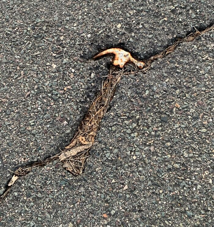 The Remains Of This Hammer Stuck In Asphalt