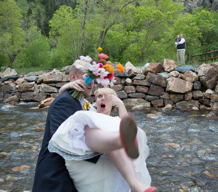 When My Husband Thought It Was A Good Idea To Pick Me Up While Standing Dangerously Close To The Creek After Our Wedding