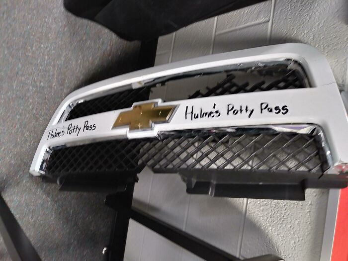 My Physics Teacher Back In High School Had This Grill Of An Old Chevy And Made His Students Take This To The Bathroom As A Hall Pass