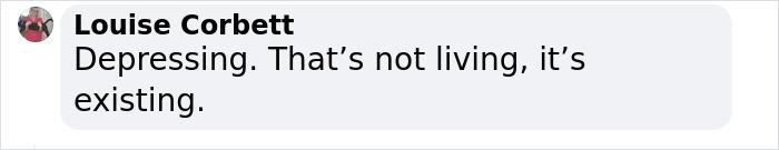 Comment by Louise Corbett expressing her view that the apartment living is depressing and feels like mere existence. Comment by Louise Corbett expressing her view that the apartment living is depressing and feels like mere existence.