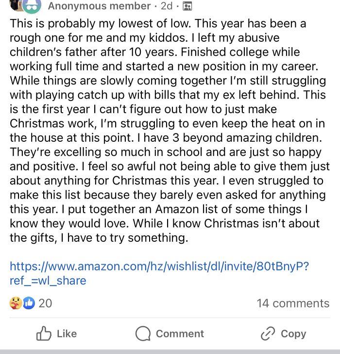 Always Gotta Throw That Abusive Husband In There. She “Struggled To Make The List” But Had No Problem Adding $70-$100 Items For Strangers To Buy Her Kids