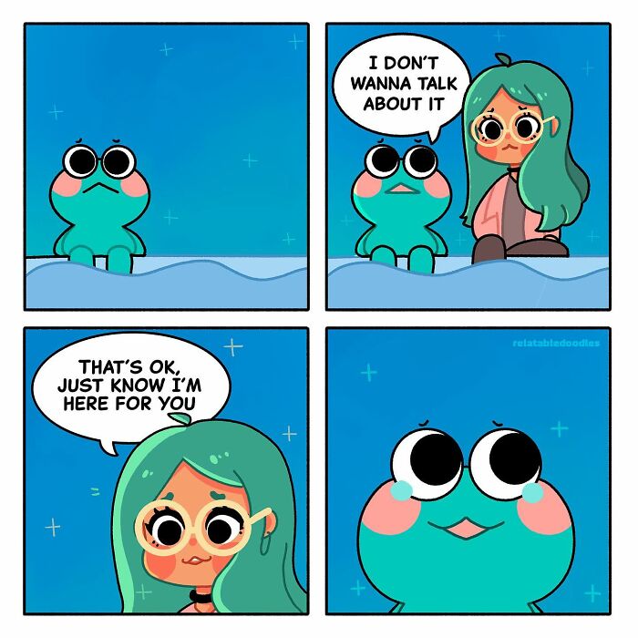 Comic by Relatable Doodles: a character reassuring a sad friend, offering support under a starry sky.