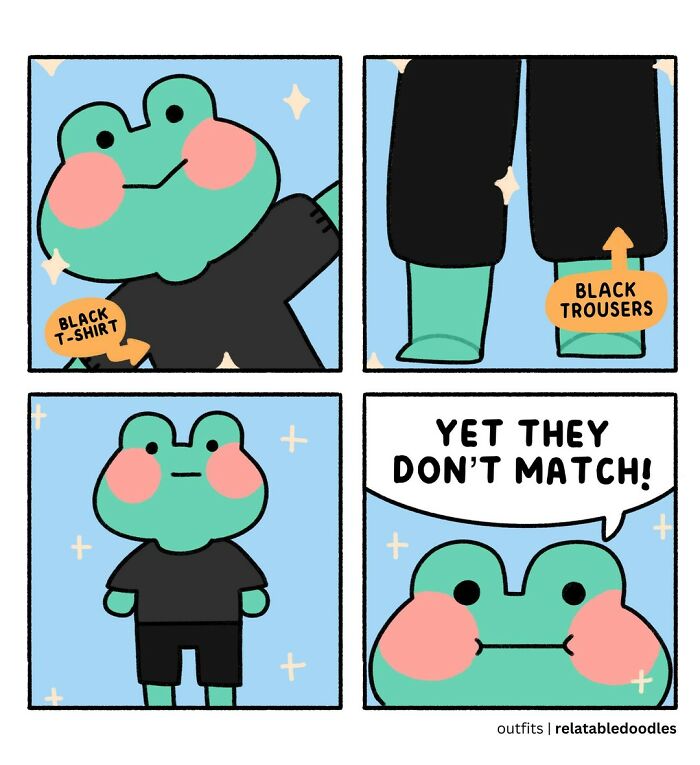 Comic of a frog wearing mismatched black t-shirt and trousers by Relatable Doodles artist.