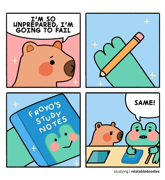 Relatable Doodles comic of animals stressing over study notes and exams.
