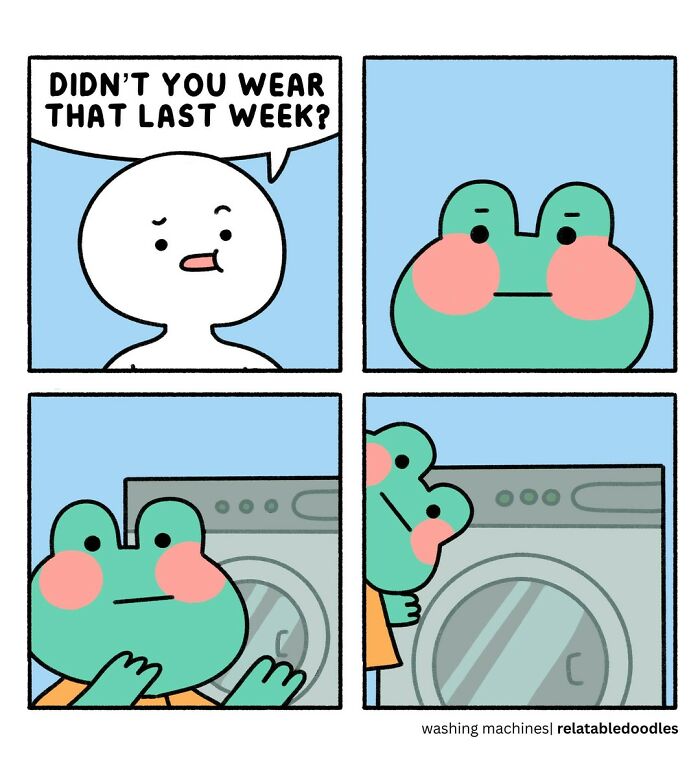Comic of a figure questioning a frog character about repeating clothes, showcasing relatable humor.