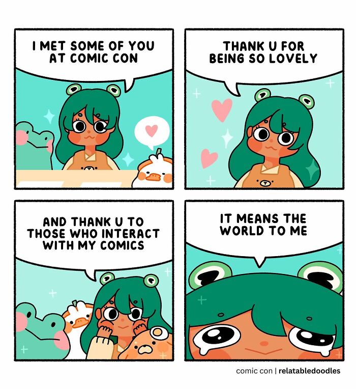 Comic by Relatable Doodles showing an artist thanking fans at Comic Con with heartfelt messages.