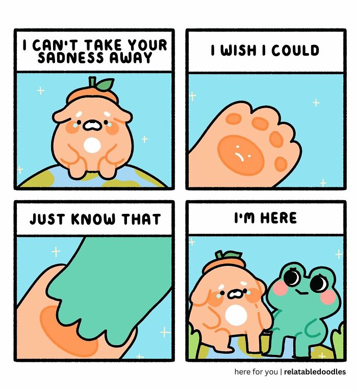 Cute, comforting comic by Relatable Doodles featuring a supportive orange character with a green friend.