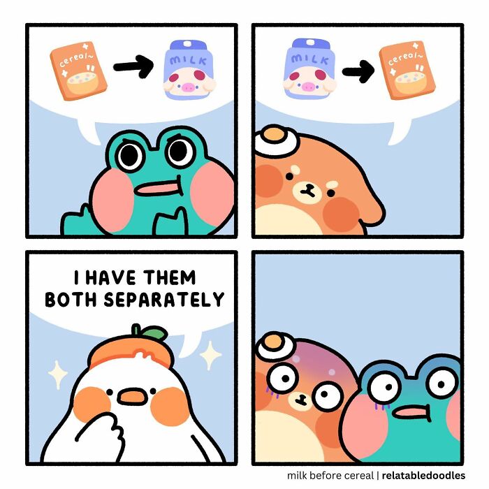 Relatable Doodles comic with cartoon animals debating milk before cereal order, ending with a surprised reaction.