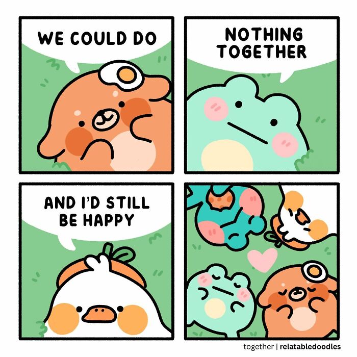 Relatable doodles comic with cute animals expressing happiness in each other's company, laying on grass.