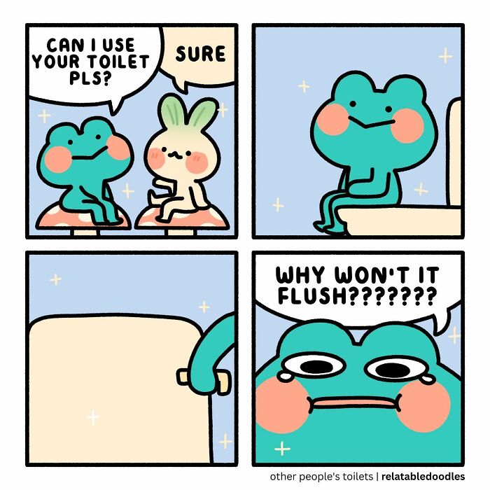 Comic of a frog struggling to flush a toilet, expressing relatable humor from Relatable Doodles.