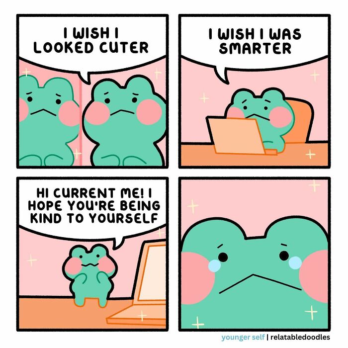 Comic strip by Relatable Doodles showing a green character contemplating its appearance and intelligence.