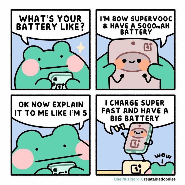Comic strip featuring a frog and a phone discussing battery life, highlighting relatable doodles with playful dialogue.