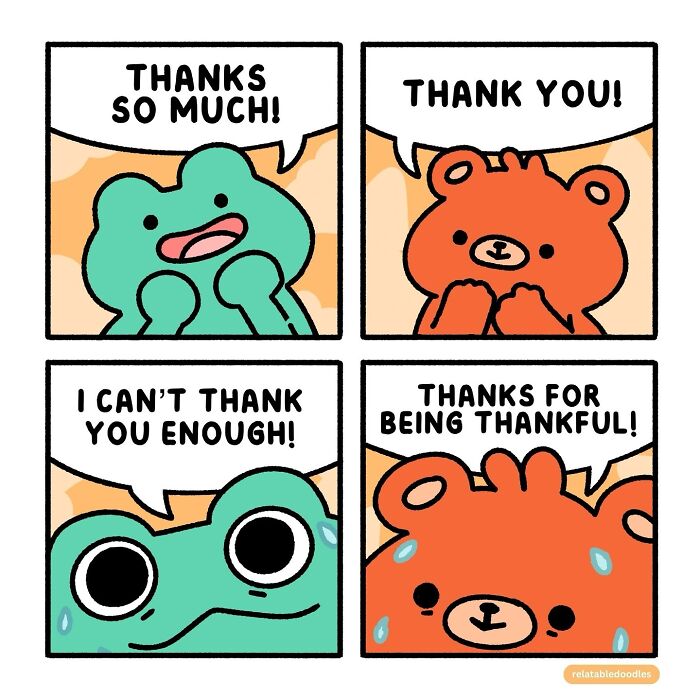Cute bear and frog exchange thank you messages in a relatable comic by Relatable Doodles artist.
