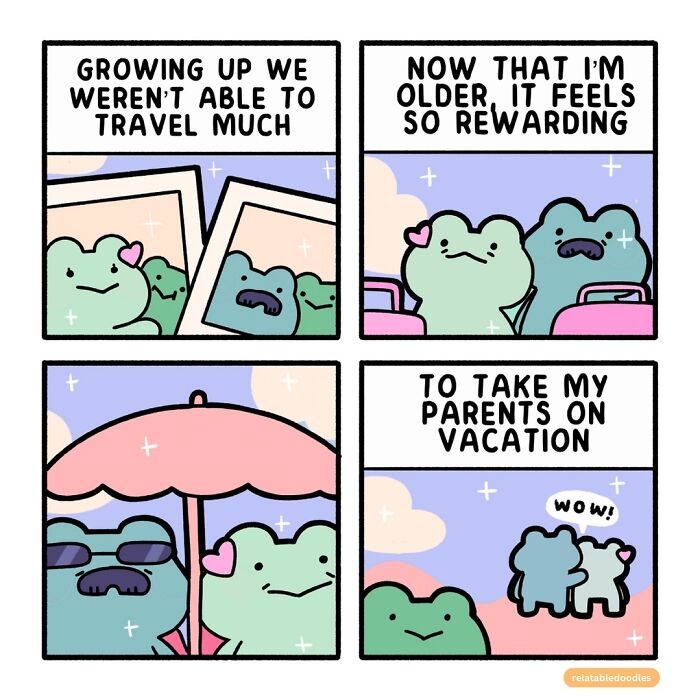 Relatable doodles comic about the joy of taking parents on vacation, featuring cute characters under an umbrella.