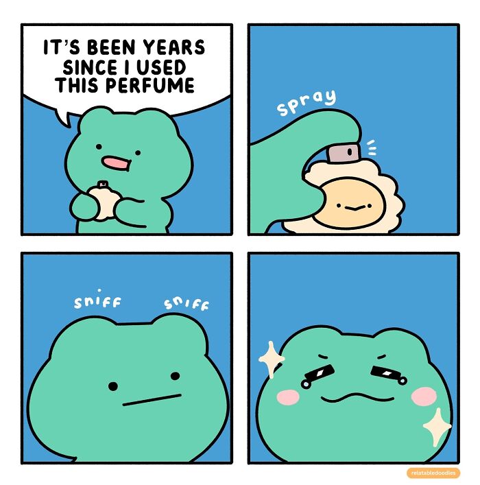 A comic character sprays perfume, sniffs, and reacts emotionally. Relatable and personal illustration by Relatable Doodles.