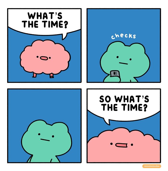 Relatable doodles comic with two quirky characters discussing the time.