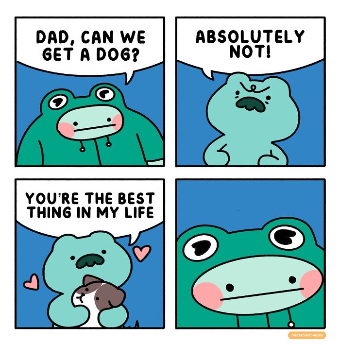 Comic by Relatable Doodles showing a dad reluctantly agreeing to get a dog, expressing love for the pet.