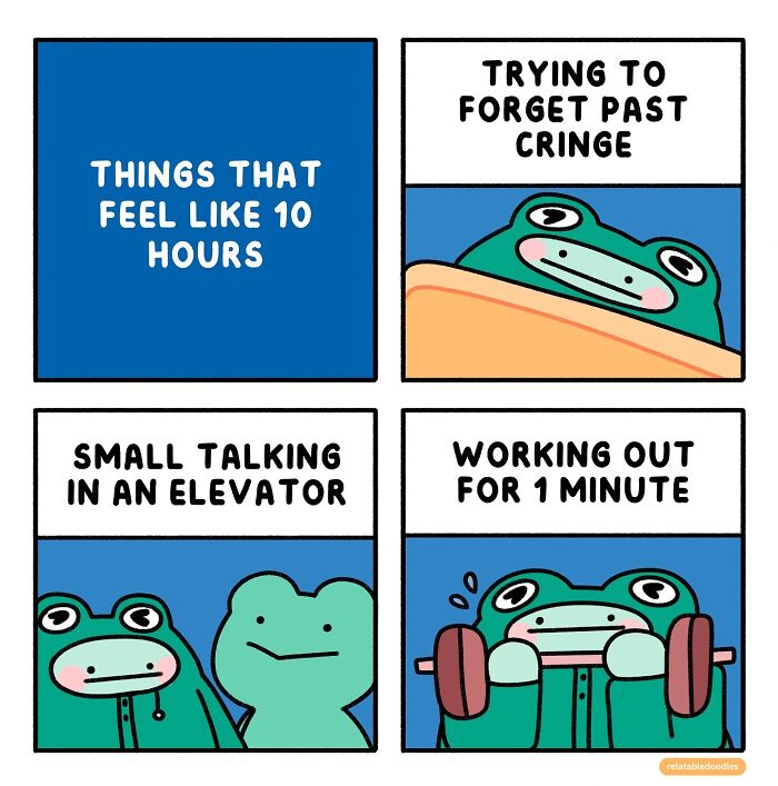 Relatable comics illustrating awkward moments: forgetting past cringe, small talk, working out briefly.