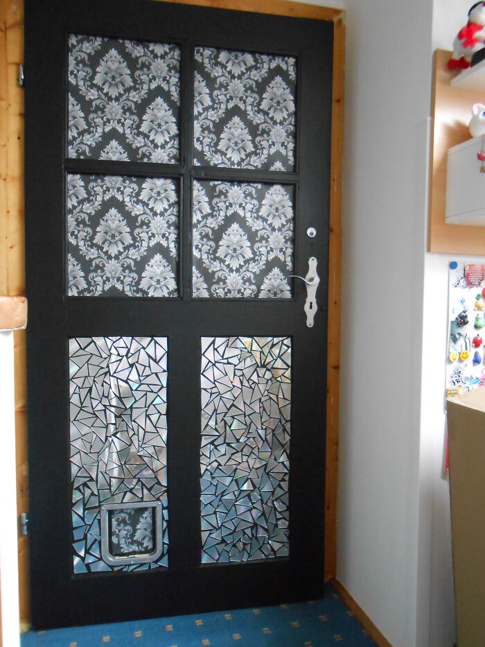 I Painted White Door Black, Put Baroque Wallpaper And Cut Old Cd Into Mosaic, Of Course I Must Improve Cat Door Too