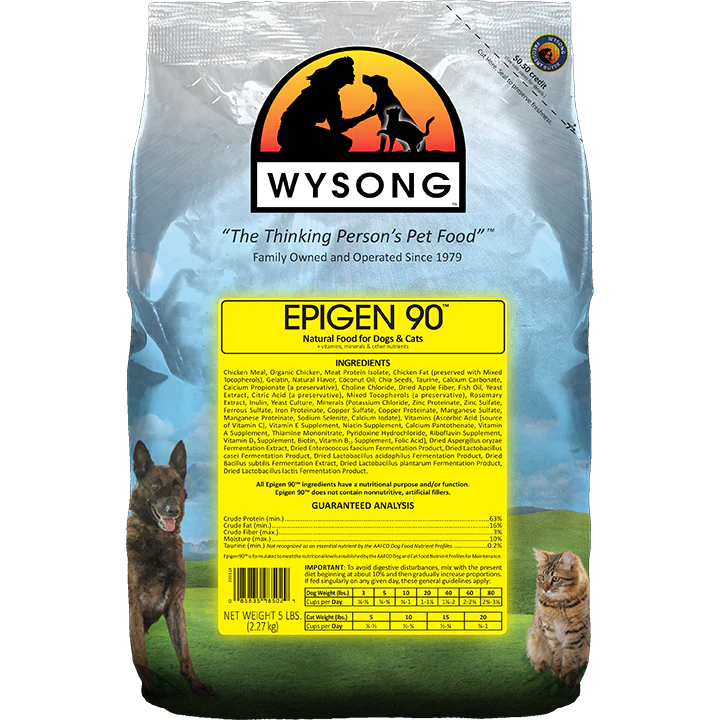 Wysong Epigen 90 bag with wolves and cats, highlighting best cat food for indoor cats. Wysong Epigen 90 bag with wolves and cats, highlighting best cat food for indoor cats.