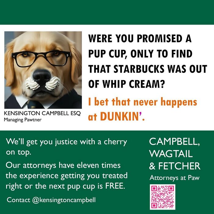 Dog parody ad featuring attorney services with a dog in glasses promoting justice and paw-friendly legal help.
