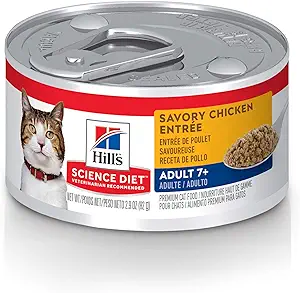Hill's Science Diet cat food can for indoor cats, savory chicken entrée. Hill's Science Diet cat food can for indoor cats, savory chicken entrée.