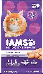 Bag of IAMS Proactive Health cat food for indoor cats, featuring a kitten on the packaging. Bag of IAMS Proactive Health cat food for indoor cats, featuring a kitten on the packaging.