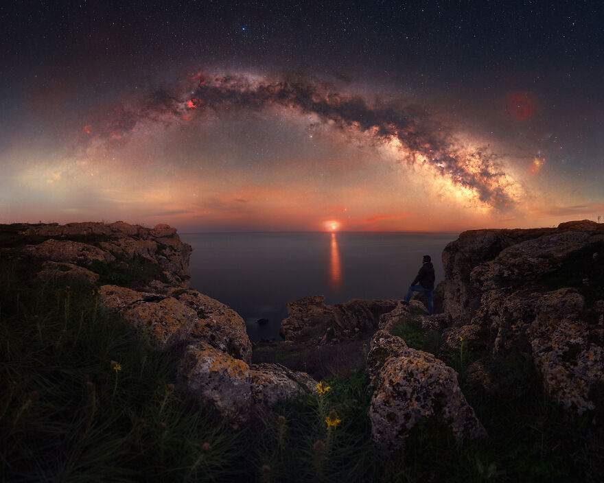 The Milky Way Arch And The Moon Rise Over The Black Sea Coast Of Bulgaria
